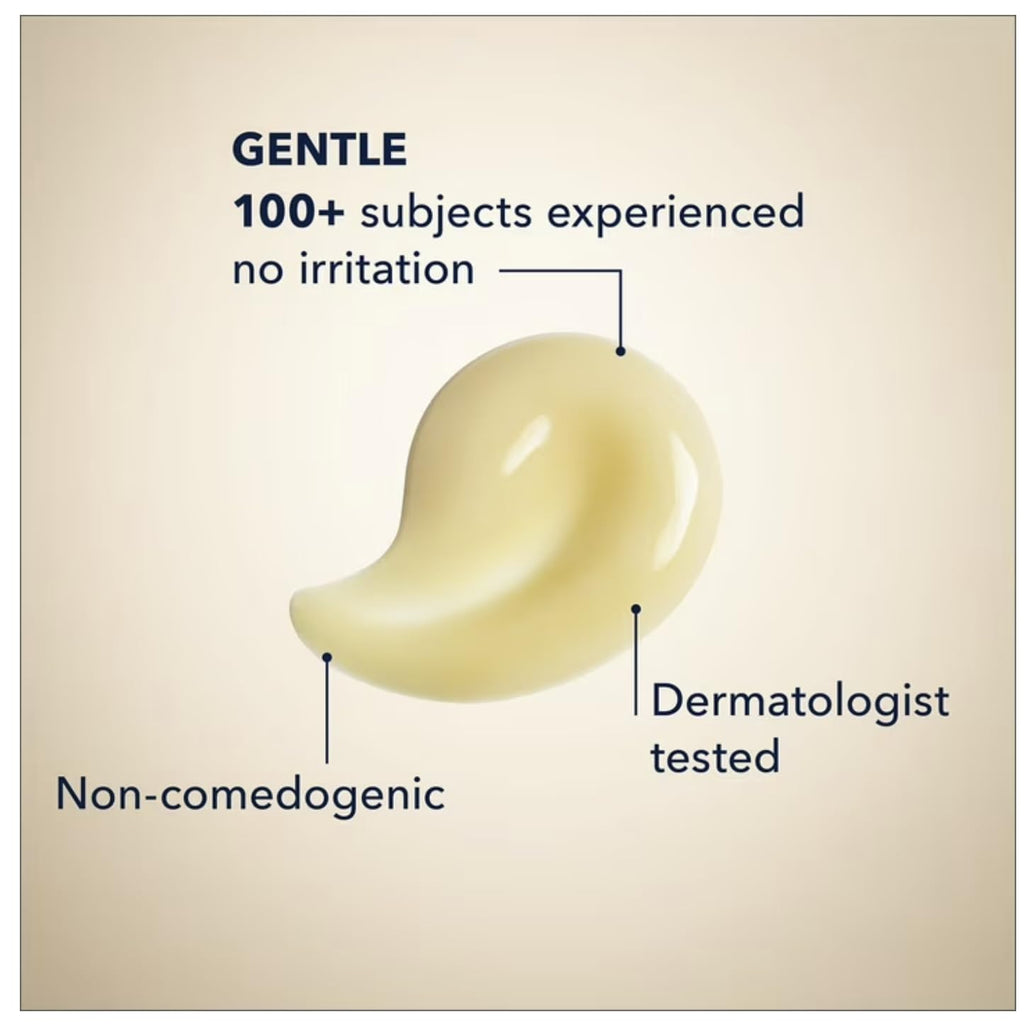 Illustration of a smooth cream texture with text indicating benefits like 'Gentle', 'Non-comedogenic', and 'Dermatologist tested'.