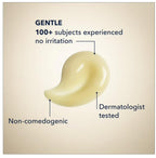 Illustration of a smooth cream texture with text indicating benefits like 'Gentle', 'Non-comedogenic', and 'Dermatologist tested'.