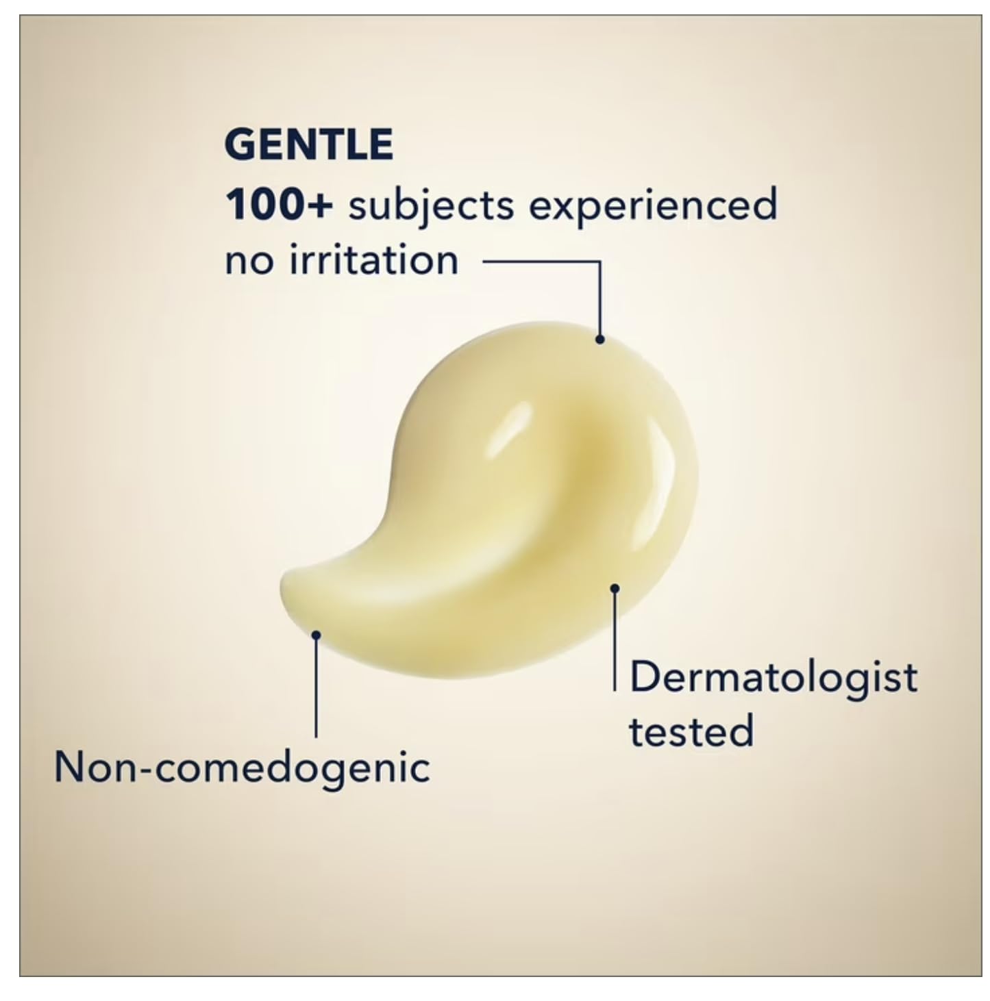 Illustration of a smooth cream texture with text indicating benefits like 'Gentle', 'Non-comedogenic', and 'Dermatologist tested'.