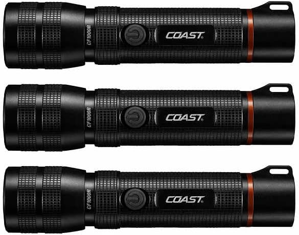 Coast 1000 Lumen Rechargeable LED Flashlight, Adjustable Focus, Waterproof, Dustproof, Rugged for Fishing, Hiking, Camping, Mechanic Work - Set of 3, Black, CF1000R