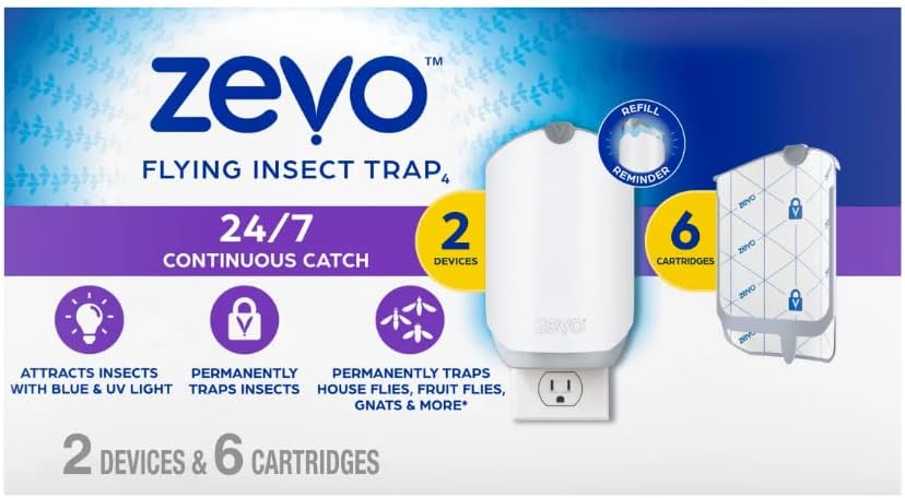 Zevo MAX Bug Catcher & Fly Trap for Indoor- Flying Insect Trap for Gnat, House & Fruit Flies - Use in Any Room - No-Mess Disposal (2 Device & 6 Cartridges)