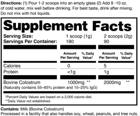 Supplement label with directions and nutritional information on a white background