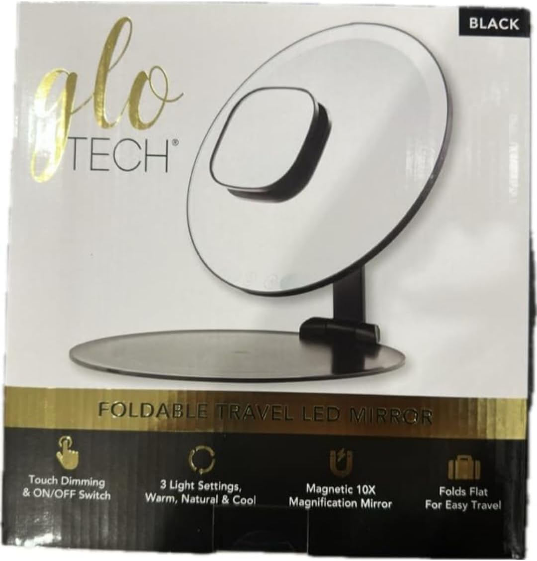 GLO TECH Foldable Travel Led Mirror - Touch Dimming & On/Off Swtich, 3 Light Settings, Warm, Natural & Cool, Magnetic 10X, Magnification Mirror, Folds Flat for Easy Travel (White)