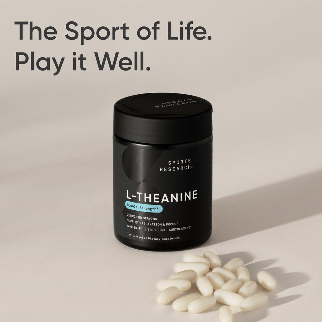 Sports Research Double Strength L-Theanine Supplement - Suntheanine Softgels for Focus, Relaxation & Alertness - Non-Drowsy Support Made with Coconut Oil, Non-GMO & Gluten Free - 200mg, 120 Count