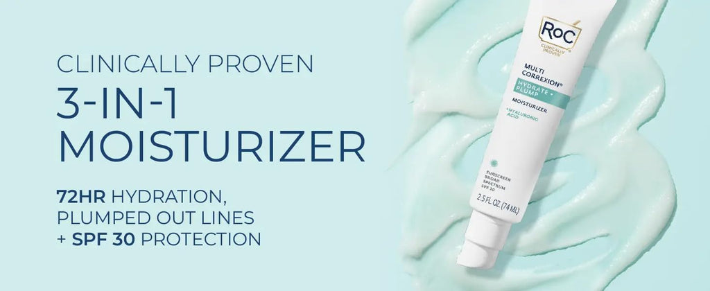 RoC moisturizer bottle with product description on a light blue background
