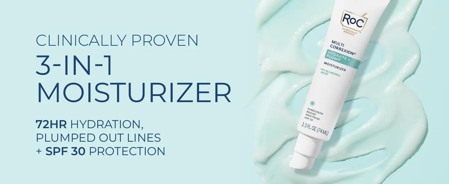 RoC moisturizer bottle with product description on a light blue background