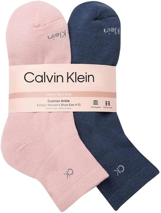 Calvin Klein High Quarter Socks for Women – 8 Pair Cushioned Ankle Socks – High Quarter Cut, Comfort Design (Pink,4-10)