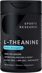 Sports Research Double Strength L-Theanine Supplement - Suntheanine Softgels for Focus, Relaxation & Alertness - Non-Drowsy Support Made with Coconut Oil, Non-GMO & Gluten Free - 200mg, 120 Count