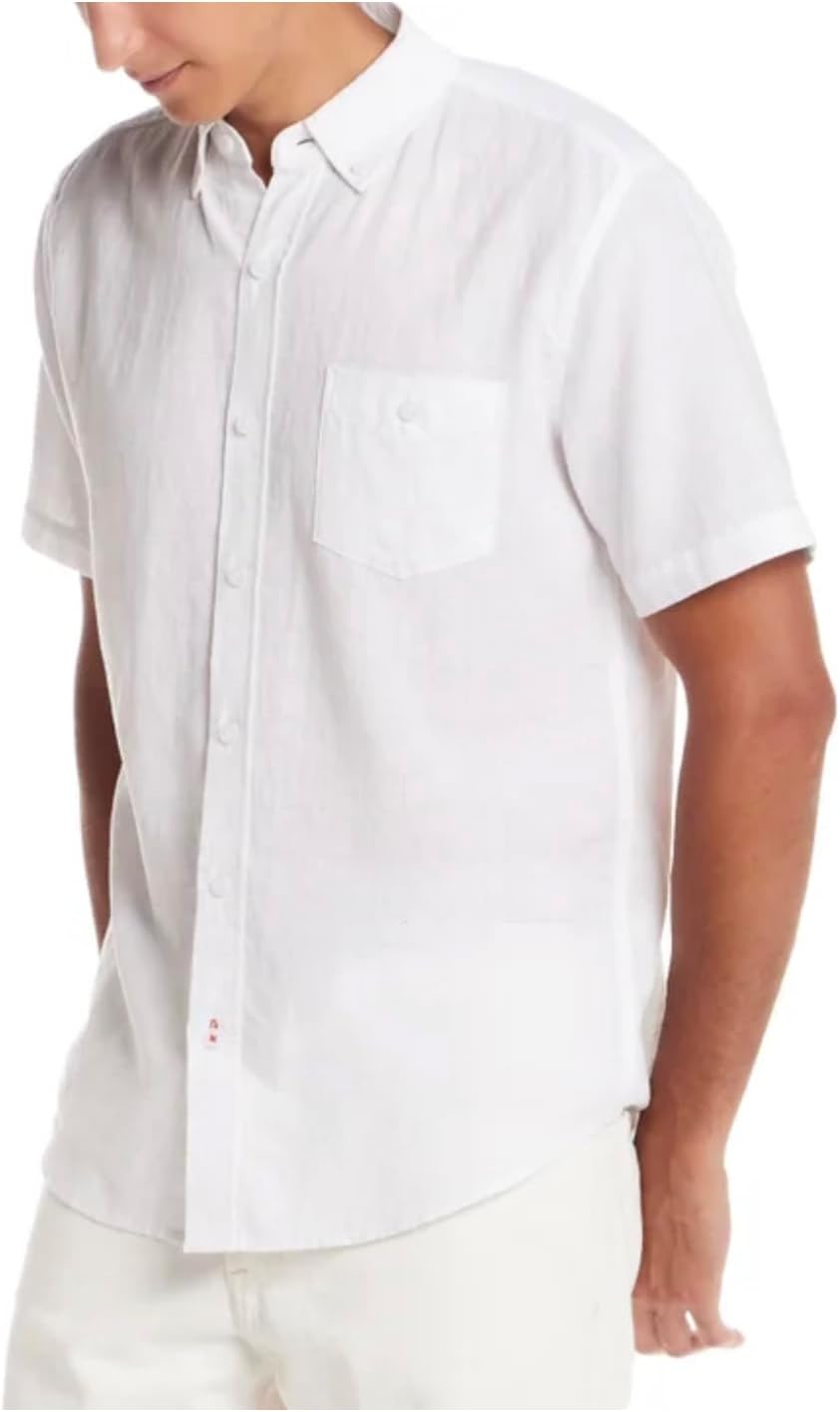 Weatherproof Vintage Men’s Short Sleeve Linen Blend Woven Button Down Shirt (US, Alpha, Medium, Regular, Regular, White)