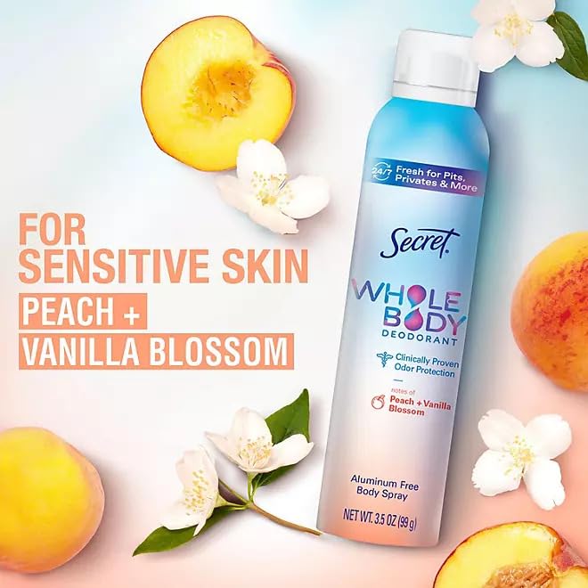 Secret Whole Body 72 Hour Deodorant Body Spray, Clinically Proven Odor Protection, Aluminum Free, Peach + Vanilla Blossom Fragrance, Dermatologist Tested, 3.5 oz 2 pack