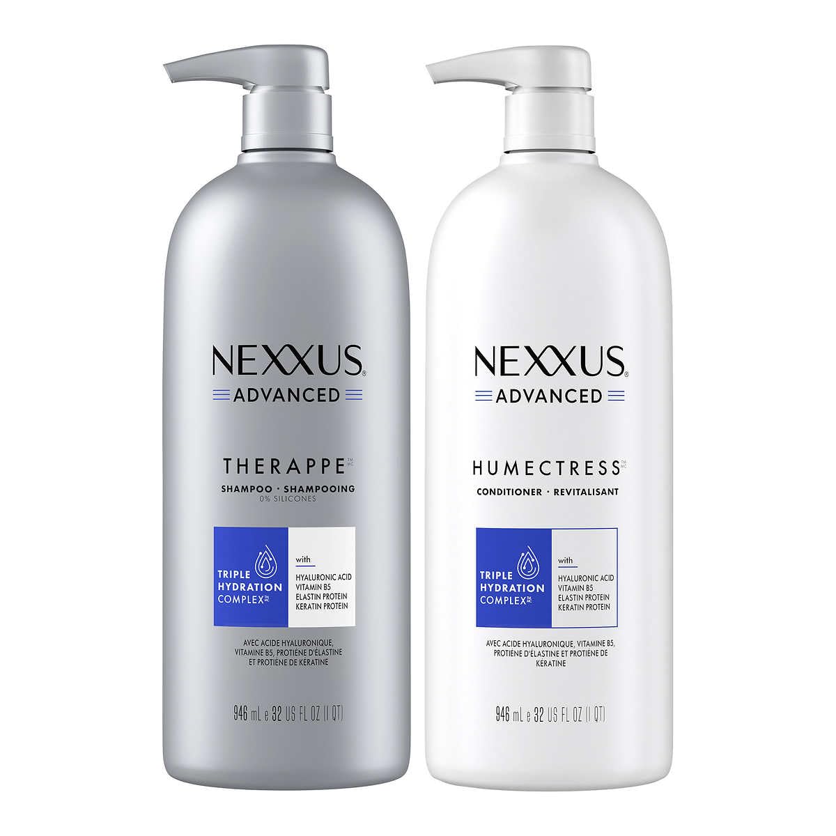 Nexxus Advanced Therappe Shampoo and Humectress Conditioner bottles on a white background