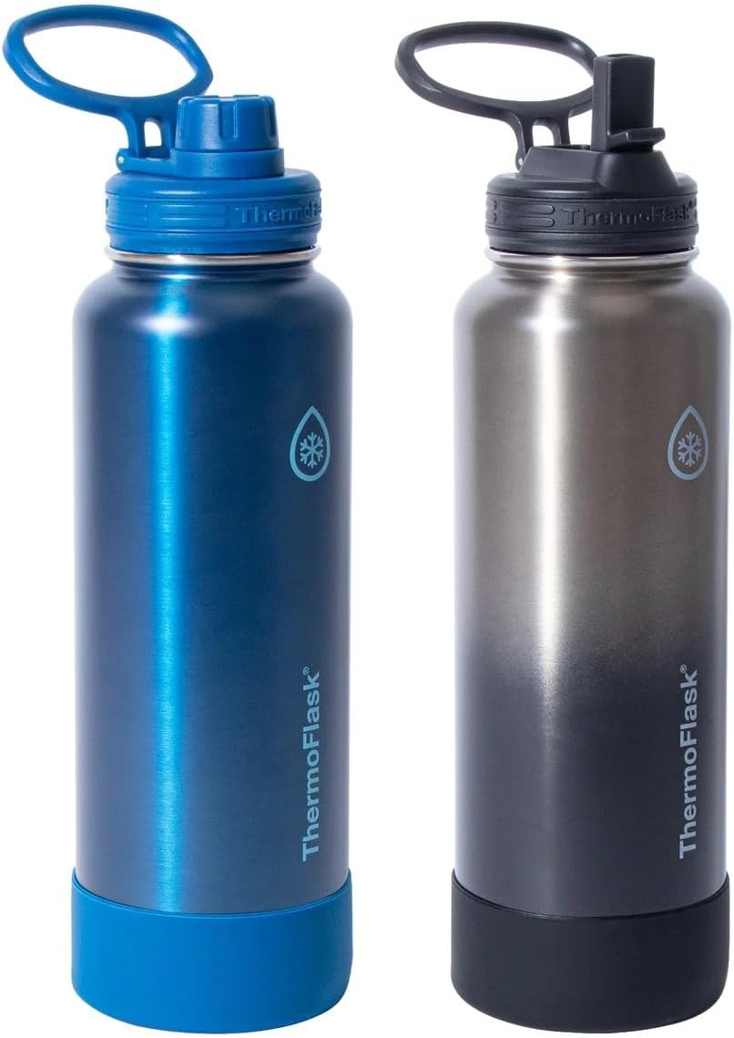 ThermoFlask Stainless Steel Water Bottle, 40 oz, 2-Pack (Silver/Blue Brushed)