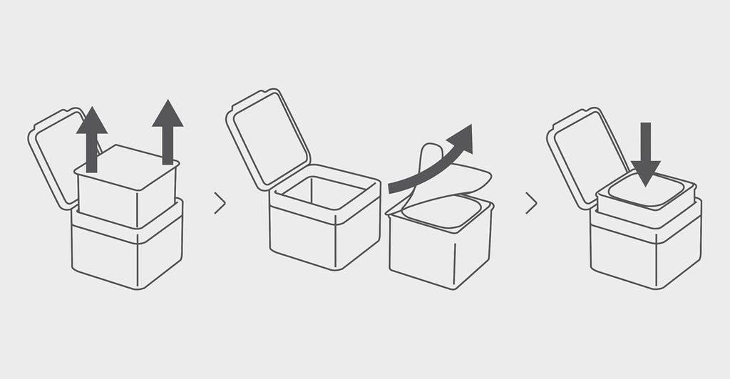 Step-by-step illustration of a container being opened with arrows indicating actions.