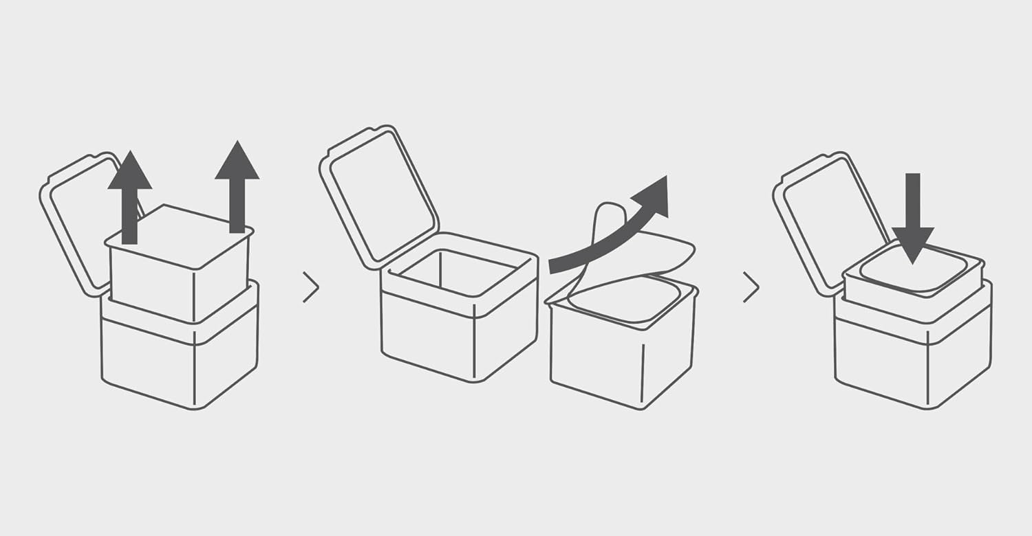 Step-by-step illustration of a container being opened with arrows indicating actions.