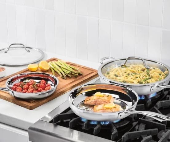 Cuisinart Professional Tryi-Ply Stainless Steel 5-piece Skillet Set. Aluminum Core, and Heat Surround Technology. Include: 3 Skillets 8", 10", 12". 2 lids. Silver.