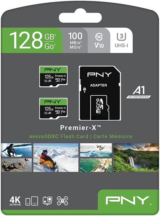 PNY P-SDU128X2V31100PX-GE 128GB Premier-X Class 10 U3 V30 microSDXC Flash Memory Card 2-Pack - 100MB/s, Class 10, U3, V30, A1, 4K UHD, Full HD, UHS-I, Micro SD