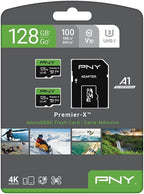 PNY P-SDU128X2V31100PX-GE 128GB Premier-X Class 10 U3 V30 microSDXC Flash Memory Card 2-Pack - 100MB/s, Class 10, U3, V30, A1, 4K UHD, Full HD, UHS-I, Micro SD
