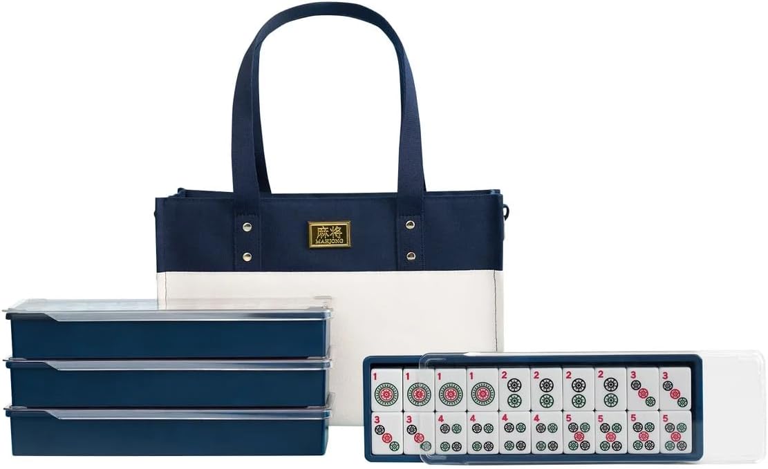 Premium Mahjong（麻将） Set with Tile Trays, Tote Bag, 166 Mahjong Tiles, and 3 Die
