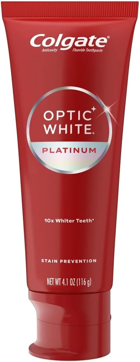 Colgate Optic White Platinum toothpaste tube on a white background