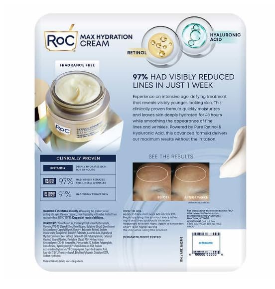 ROC Max Hydration Cream packaging with text and images of the cream.