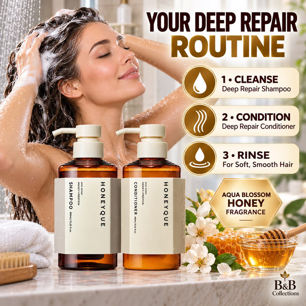 HONEYQUEs Japanese Salon-Quality Sulfate-Free, Frizz Control, Hydrating for Dry Damaged Hair Deep Repair Honey Collogen Moist Shampoo & Conditioner Set (450ml / 15.2 fl oz Each)