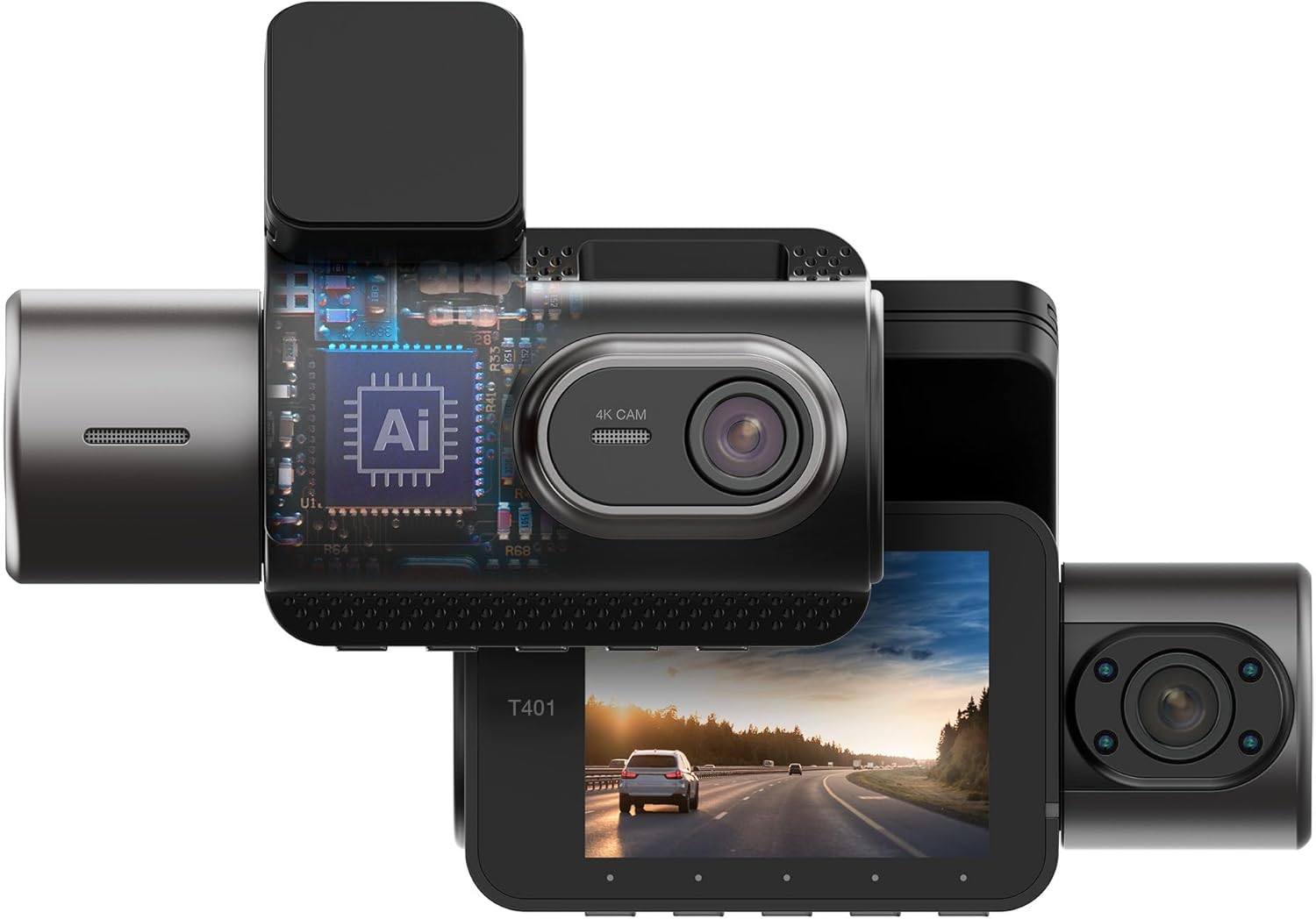 Type S T401 4K Dual View Dash Cam with AI Driver Assistance and in-Car Surveillance Camera, AI-Powered Lane, Car, Pedestrian Recognition