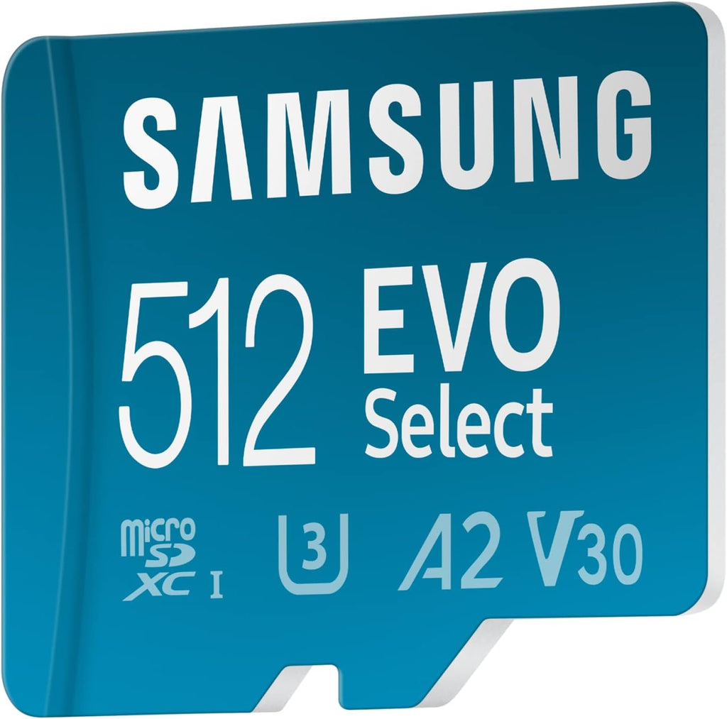 Samsung 512GB EVO Select microSD card with specifications on a white background