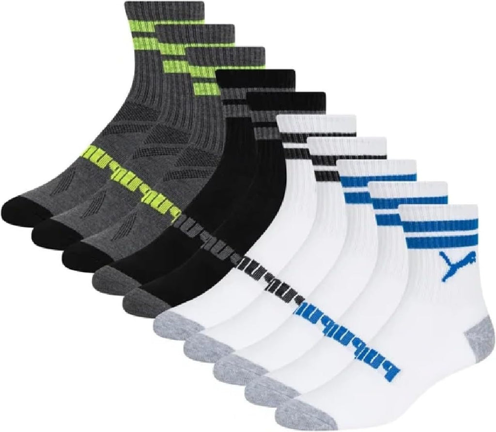 Set of Puma socks in various colors on a white background