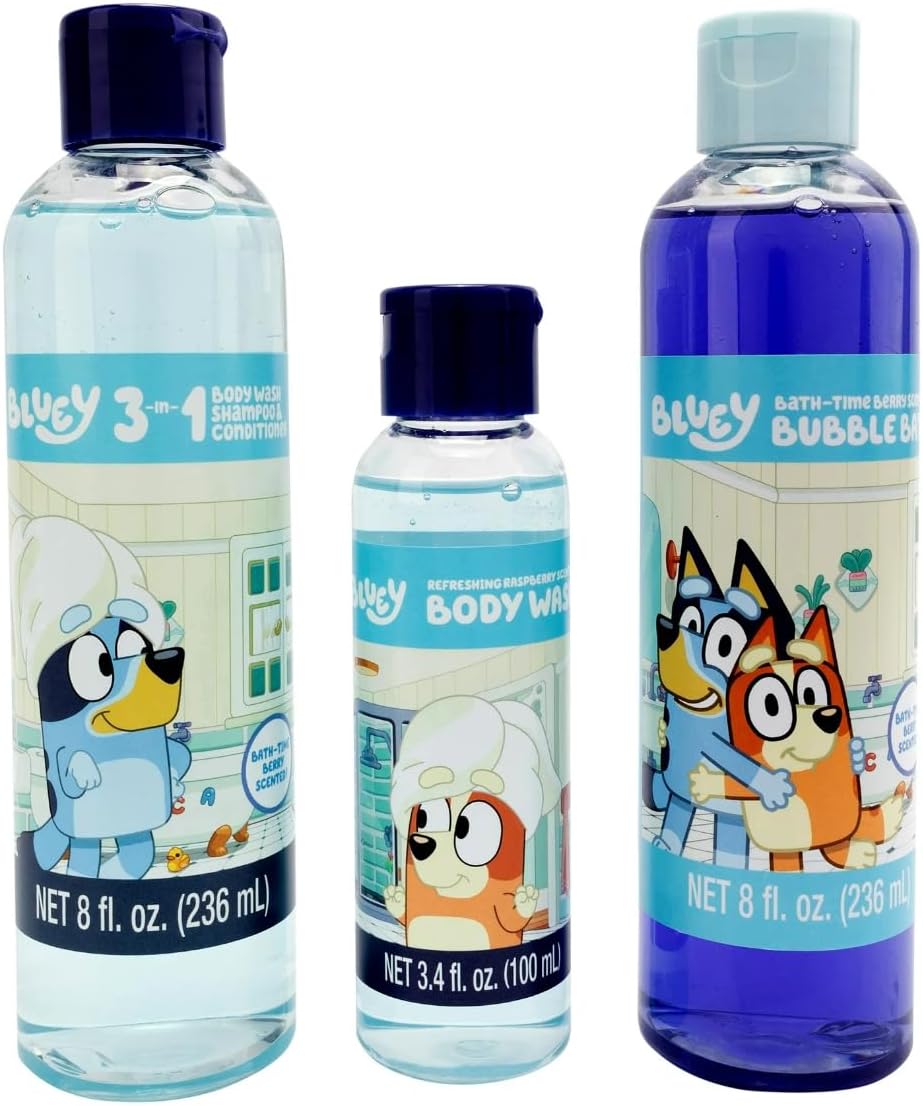 Bluey Cozy Time Set: Hair Towel, Bubble Bath, Rainbow Bath Bomb, Sponge, Body Wash