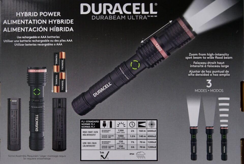 DURACELL Durabeam Ultra Hybrid LED Flashlights, 1200 Lumens, Set of 3, with Rechargeable and AAA Alkaline Batteries