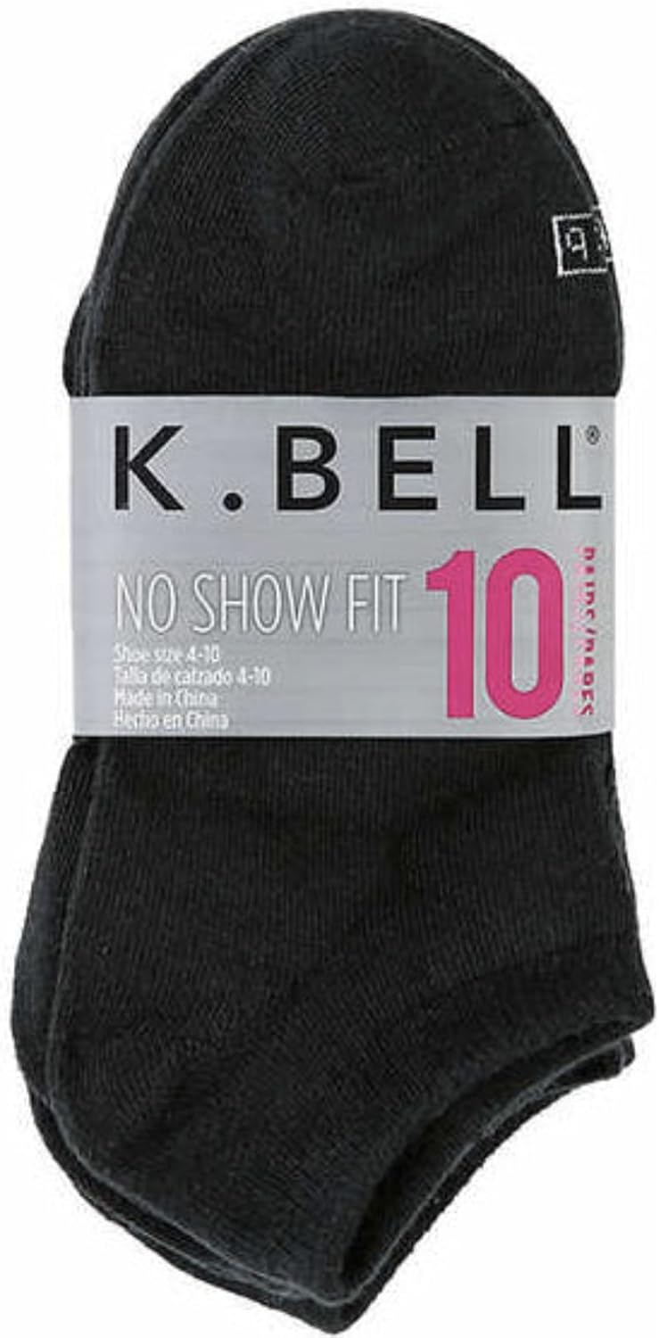 K.Bell Women's 1227349 No Show Fit 10 Pairs Socks (Shoe Size 4-10), Black (4-10)