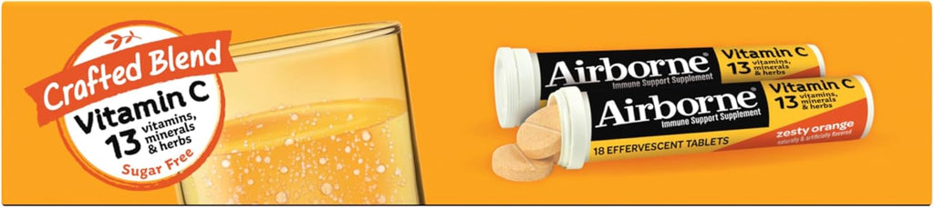 Vitamin C 1000mg (per serving) - Airborne Zesty Orange Effervescent Tablets (36 count in a box), Gluten-Free Immune Support Supplement With Vitamins A C E, ZINC, Selenium, Echinacea & Ginger