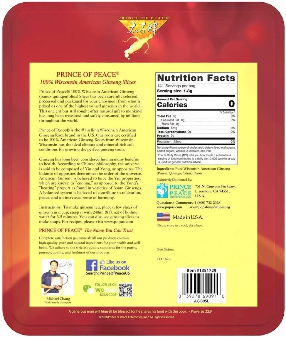 Prince Of Peace Pure Ginseng Slices 100% Wisconsin American, 9 Ounce, 255g