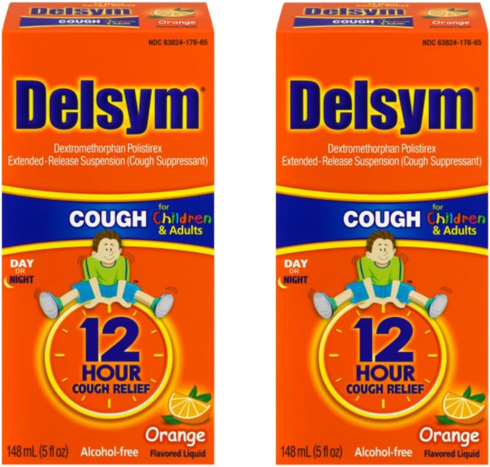 Delsym Cough Suppressant Alcohol Free Orange Flavored Liquid- 2 Pack, 5 ounces Bottle