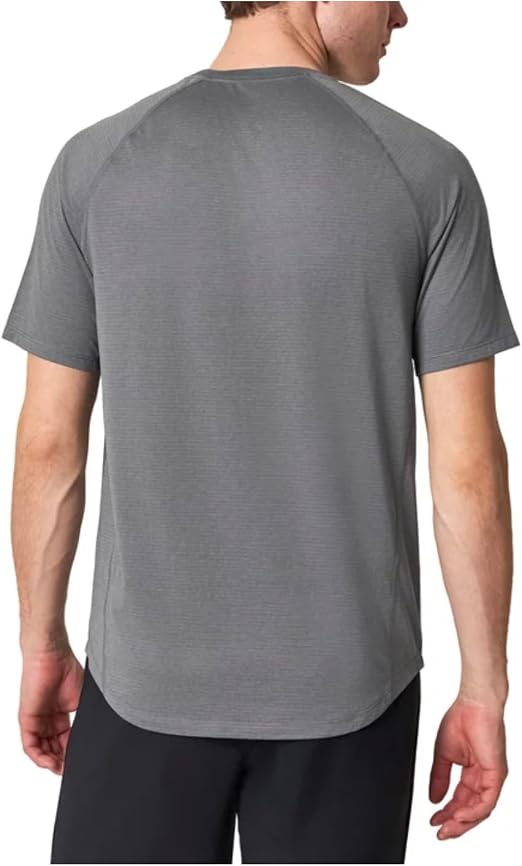 Person wearing a gray t-shirt on a white background