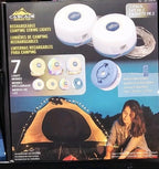 Packaging of Cascade Mountain Tech rechargeable camping string lights with a woman and tent illustration.