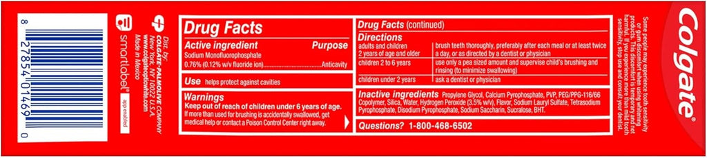 Colgate toothpaste label with drug facts and active ingredients.