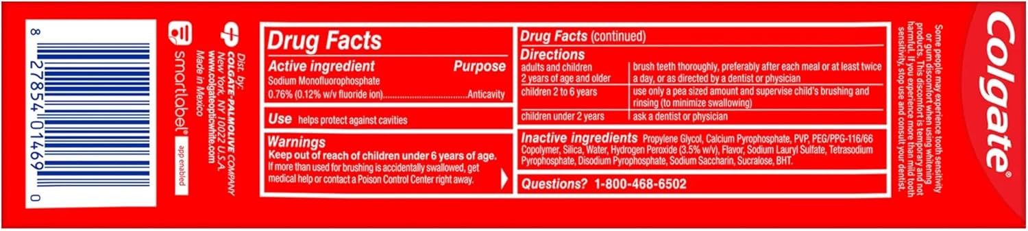 Colgate toothpaste label with drug facts and active ingredients.