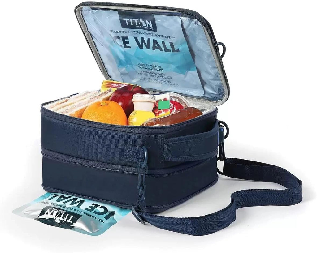 Titan by Arctic Zone Expandable Lunch Box – Insulated, Crush-Resistant Cooler with 2 Ice Walls & Leak-Proof Lining – Meal Prep Bag with Strap & Container for Work & Travel | Black (Navy Blue)