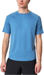 Person wearing a blue t-shirt on a white background