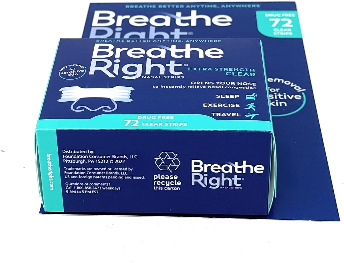 Breathe Right Nasal Strips, Extra Clear for Sensitive Skin, 72 Clear Strips