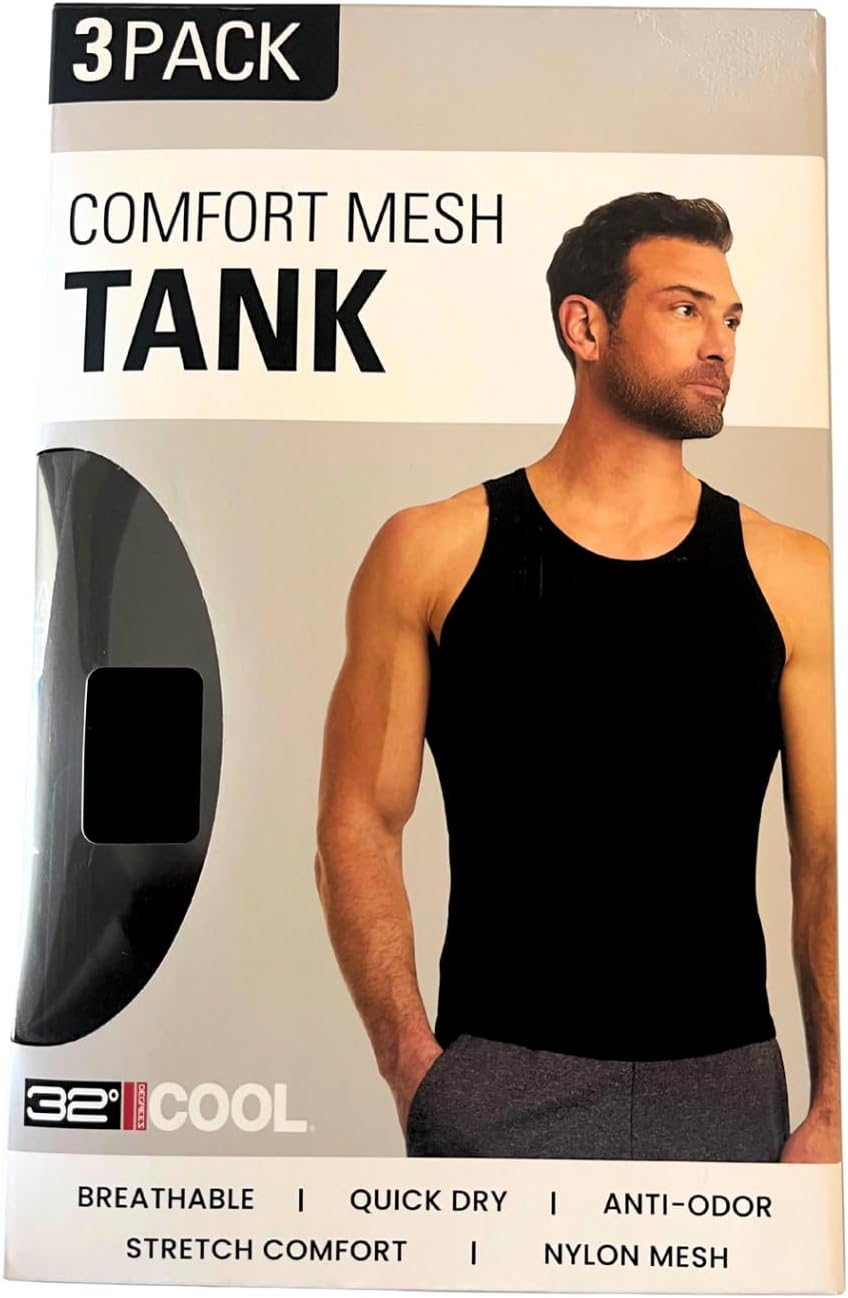 32 Degree Comfort Mesh Tank Top, 3 Pack, Large Black