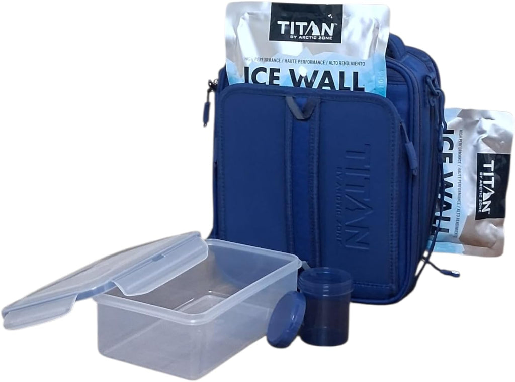 Titan by Arctic Zone Expandable Lunch Box – Insulated, Crush-Resistant Cooler with 2 Ice Walls & Leak-Proof Lining – Meal Prep Bag with Strap & Container for Work & Travel | Black (Navy Blue)