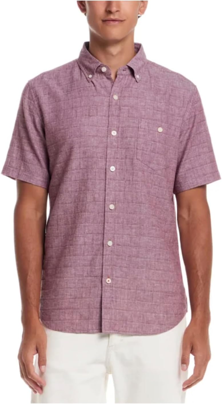 Weatherproof Vintage Men’s Short Sleeve Linen Blend Woven Button Down Shirt (US, Alpha, Medium, Regular, Regular, Red)