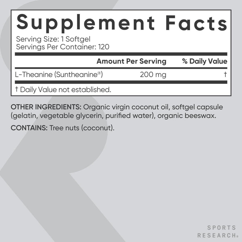 Sports Research Double Strength L-Theanine Supplement - Suntheanine Softgels for Focus, Relaxation & Alertness - Non-Drowsy Support Made with Coconut Oil, Non-GMO & Gluten Free - 200mg, 120 Count