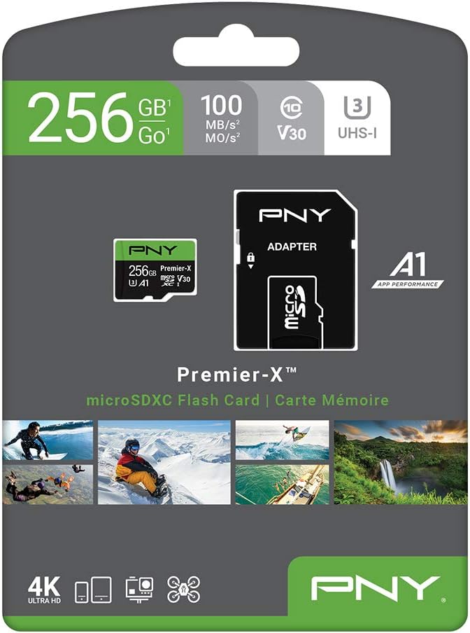 PNY 256GB Premier-X Class 10 U3 V30 microSDXC Flash Memory Card - 100MB/s, Class 10, U3, V30, A1, 4K UHD, Full HD, UHS-I, Micro SD