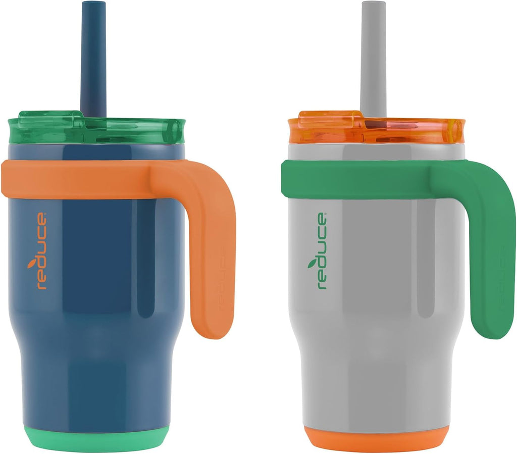 REDUCE 14 oz Coldee Tumbler with Handle for Kids - 2 Pack, Leakproof Insulated Stainless Steel Mug with Lid & Spill-Proof Straw, Keeps Drinks Cold up to 18 Hrs, Grey and Navy
