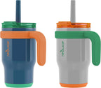 REDUCE 14 oz Coldee Tumbler with Handle for Kids - 2 Pack, Leakproof Insulated Stainless Steel Mug with Lid & Spill-Proof Straw, Keeps Drinks Cold up to 18 Hrs, Grey and Navy