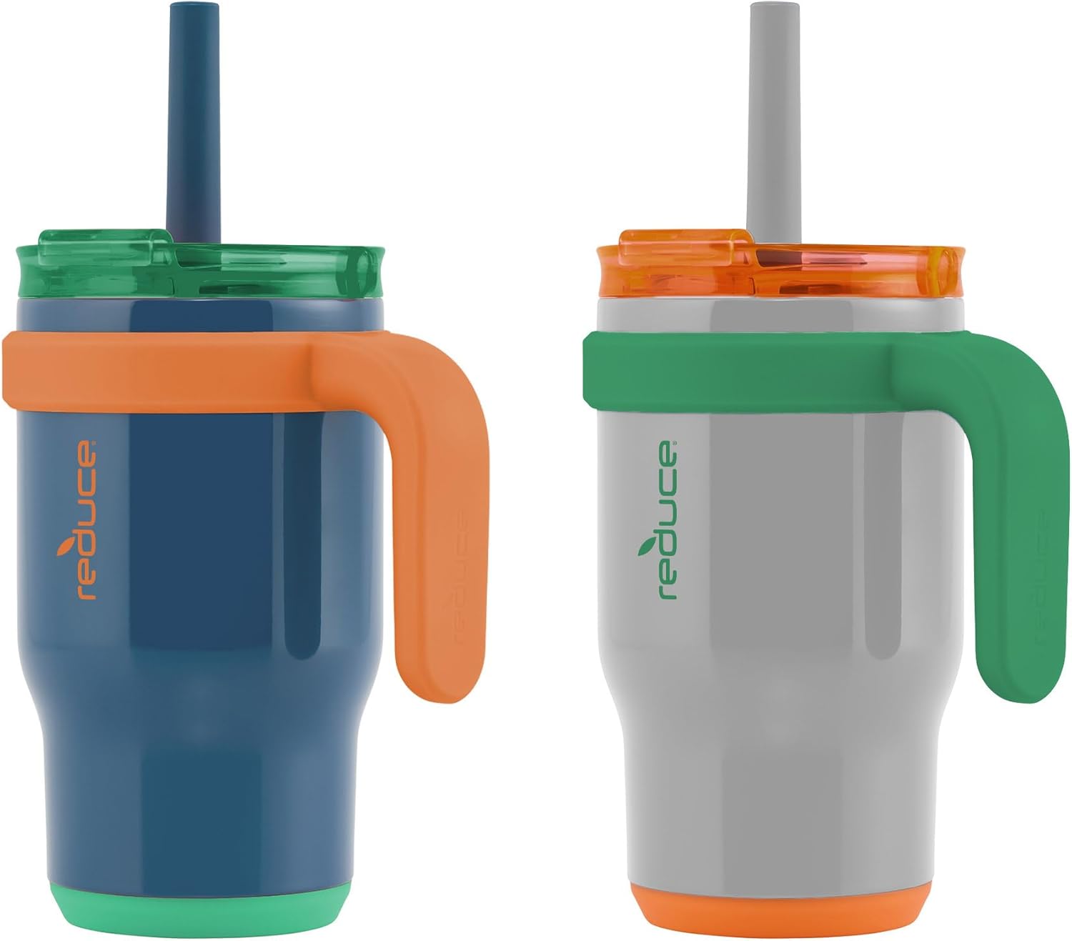 REDUCE 14 oz Coldee Tumbler with Handle for Kids - 2 Pack, Leakproof Insulated Stainless Steel Mug with Lid & Spill-Proof Straw, Keeps Drinks Cold up to 18 Hrs, Grey and Navy