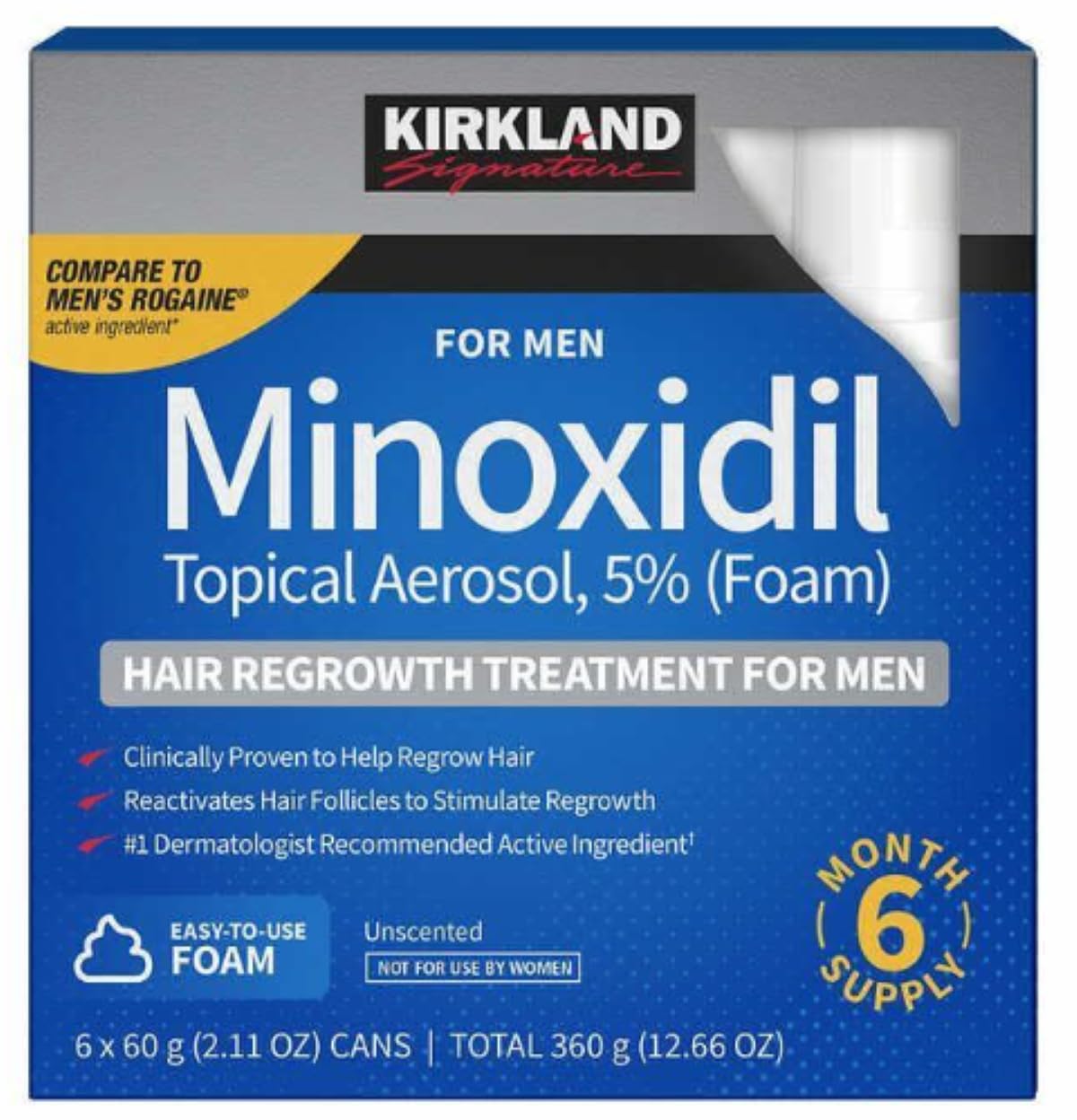 Kirkland Minoxidil Topical Aerosol 5% Foam packaging for men on a white background